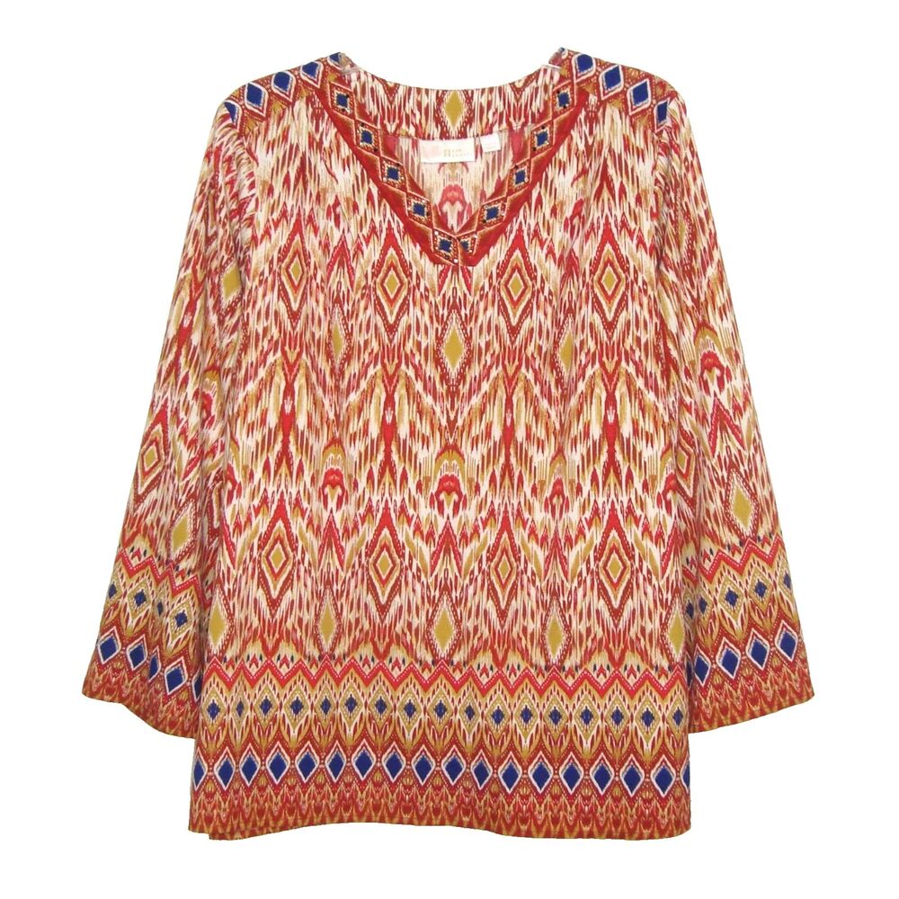 Belle by Kim Gravel Ikat Print Stretch Embellished V-Neck Blouse - Red